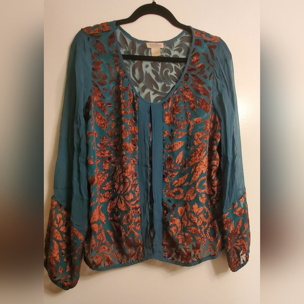 Lucky Brand | Velvet Burnout Turquoise Copper Sheer Blouse Large